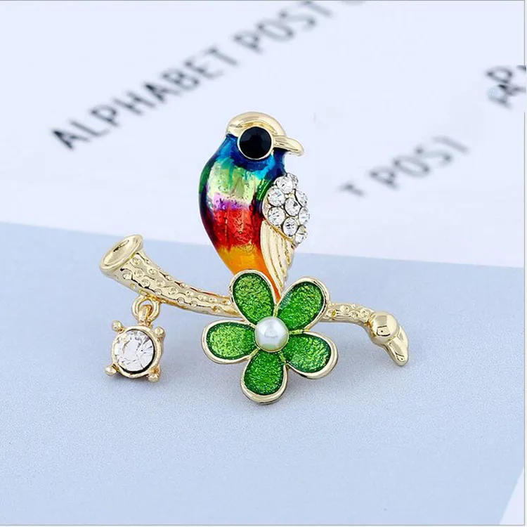 KC Gold Plated Brooch Breastpin Shawl Scarf Lapel Pins Pearl Crystal Hand Painting Green Flower Bird Tree Branch Brooch