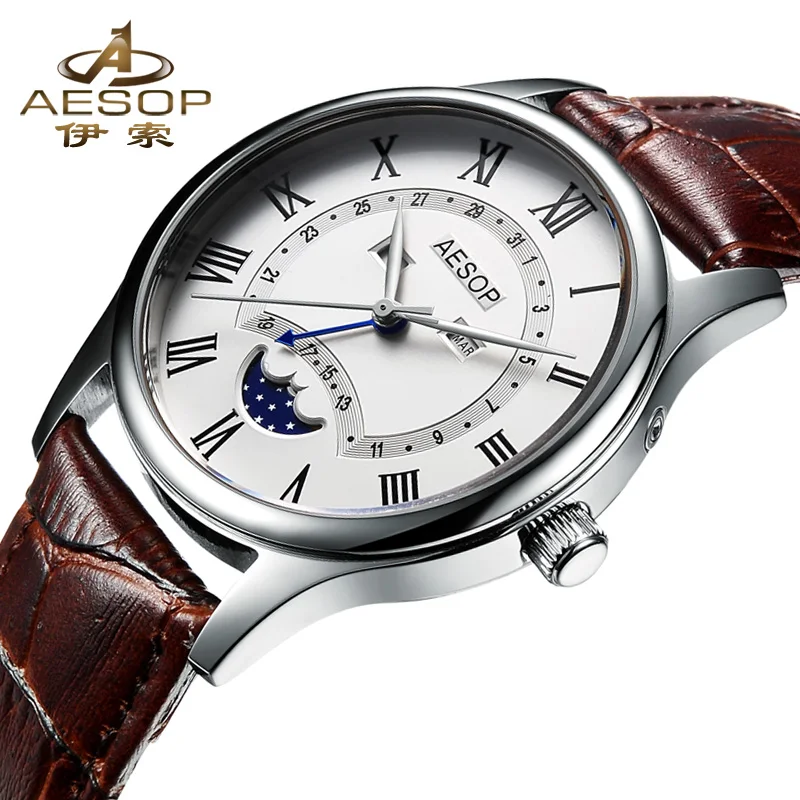 Aesop Fashion Men Sapphire Crystal Moon Phase Leather strap Male watches