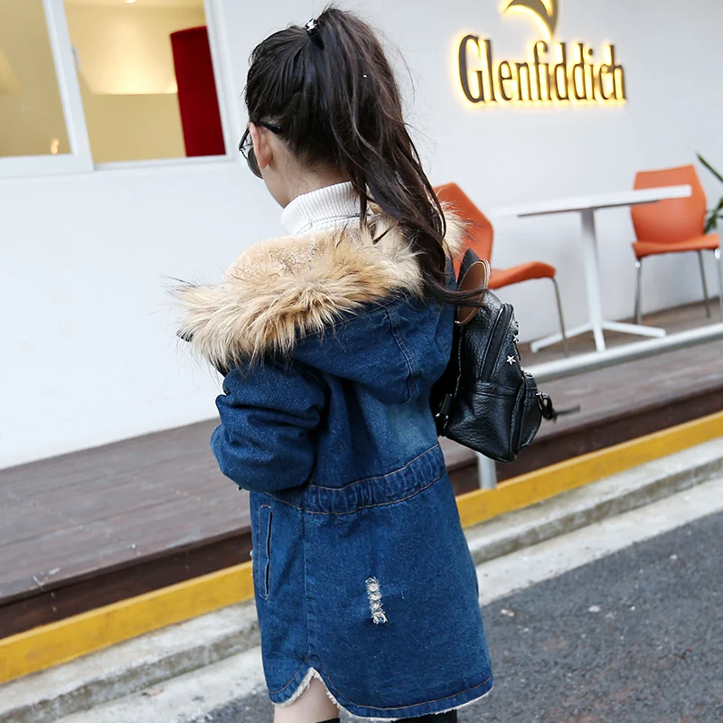 
Girls denim drawstring with hood thick lambswool winter jeans overcoat 