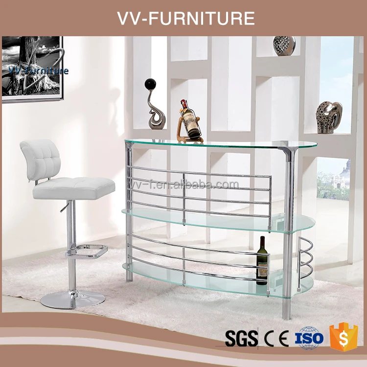 Современный длинный барный стол с полками из закаленного стекла