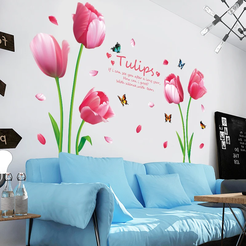 YIYAO Pink Tulips Flowers Paper Home Decal Removable Butterflies Wall sticker