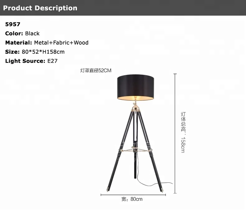 7W e27 european hotel home fabric light shade iron metal industrial vintage wooden floor lamp