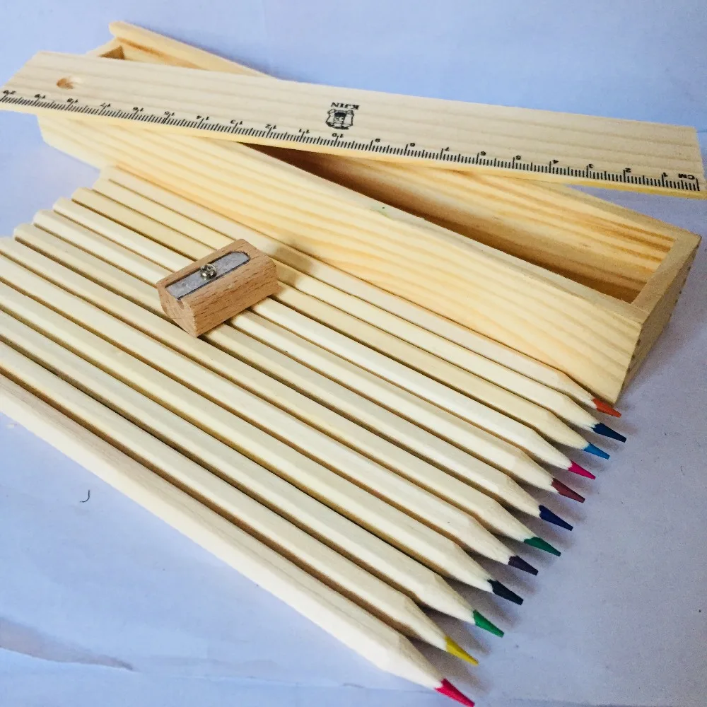 
eraser sharpener and ruler in wooden box nature color pencil set stationery set 
