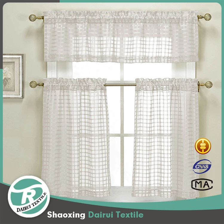 Sheer Kitchen Curtain 3 Piece Woven Check Design 1 Valance 2 Tier Panels