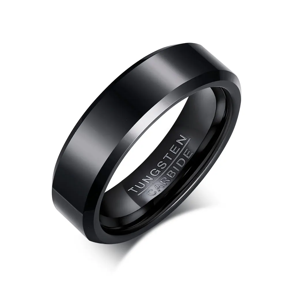 6mm Black Tungsten Carbide Ring Mens Womens Wedding Bands High Polished Beveled Edges