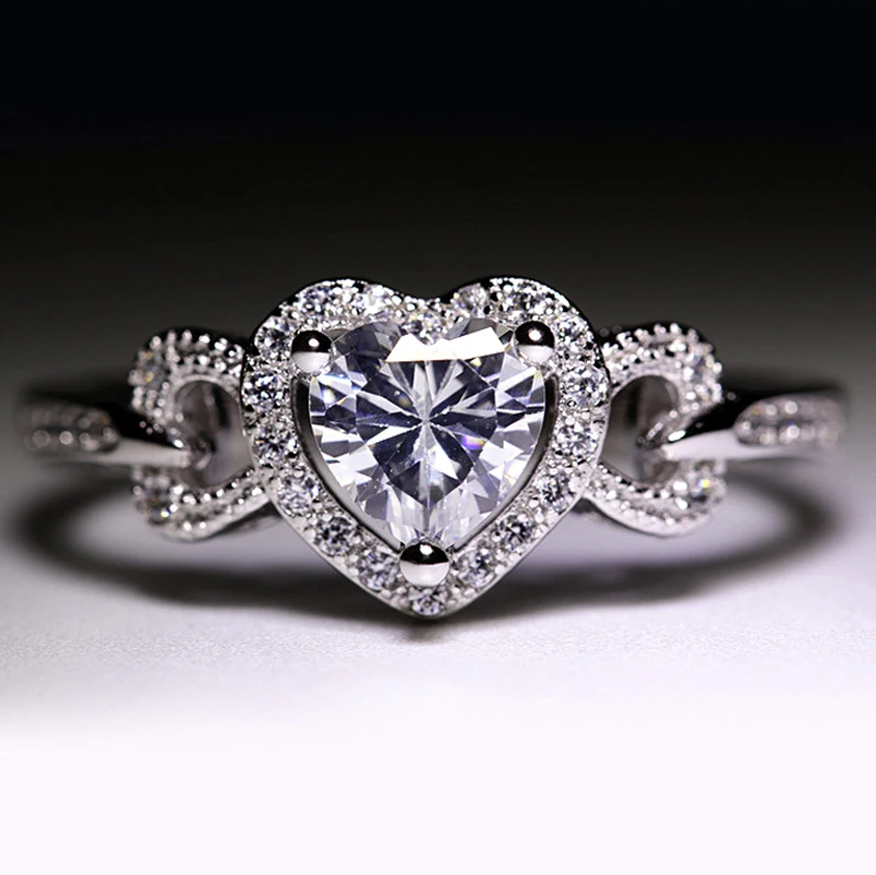 Luxury 8mm Big Stone Heart Love 925 Stamped Silver Color Ring White Copper Full CZ Princess Engaged Women Wedding Ring