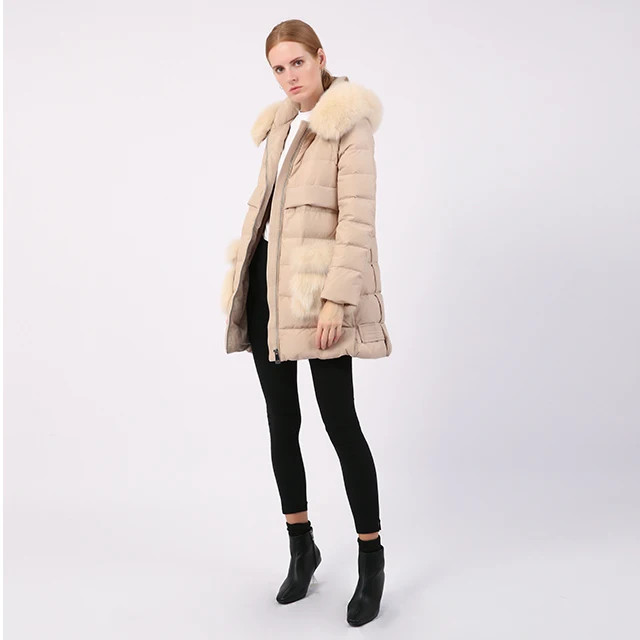 Real Fur Beige Duck Down Jacket Women Fashion Big Fur Pocket Winter Quilted Coat