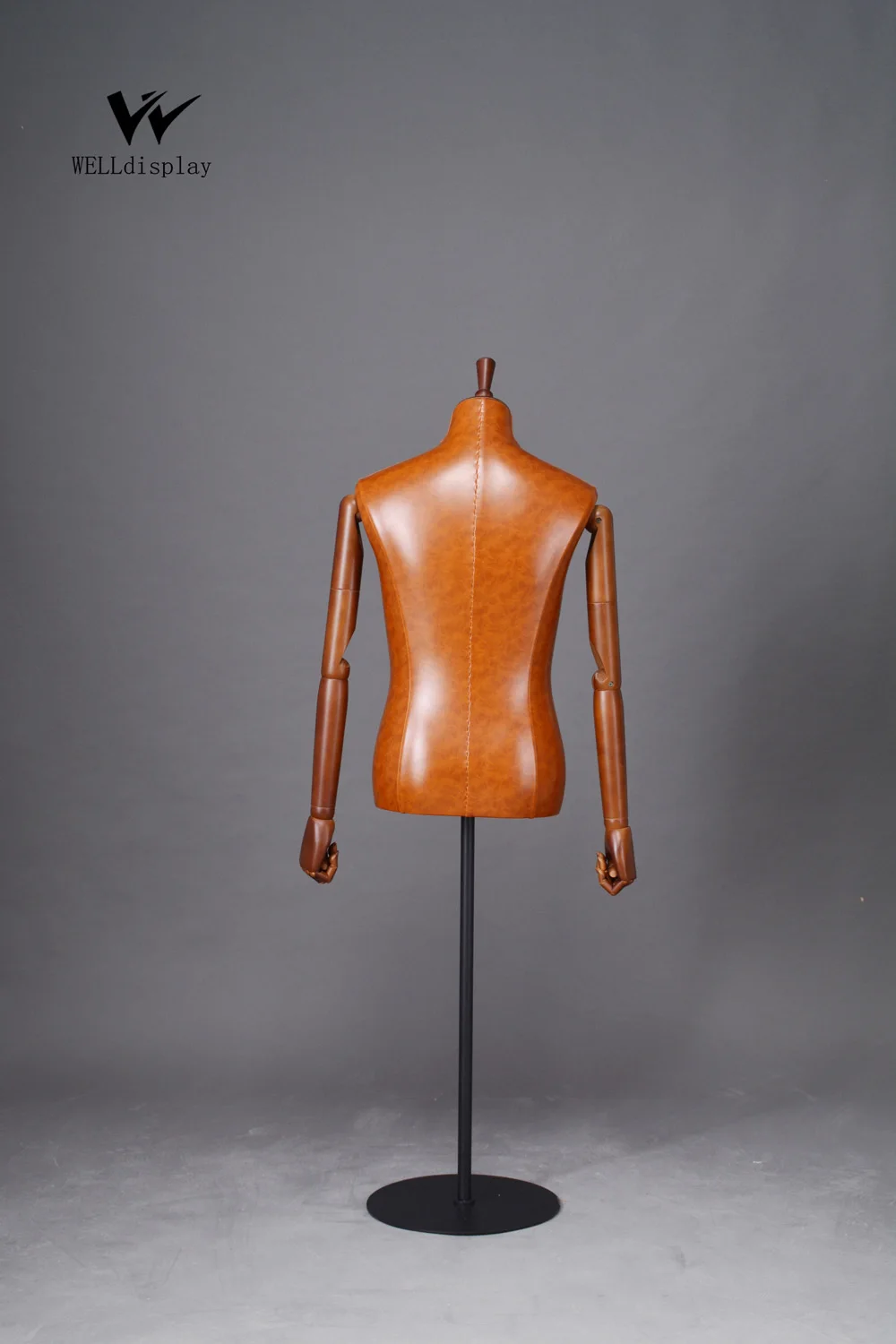BROWN LEATHER MALE BUST, MALE TAILORING MANNEQUIN TORSO WITH WOODEN ARMS