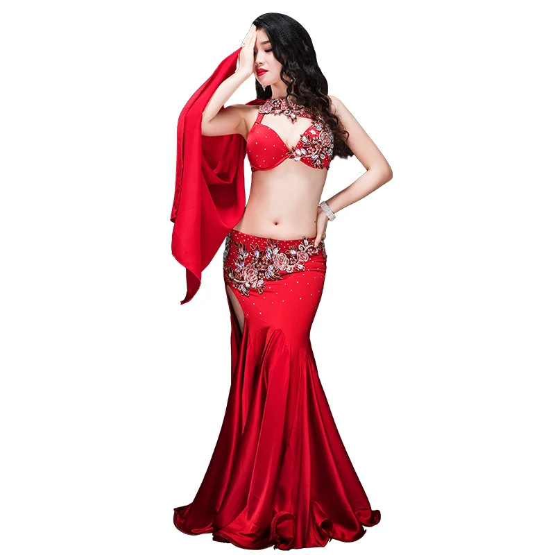 YC041 Performance Professional bellydance costumes spandex and silk satin belly dance wear   for women