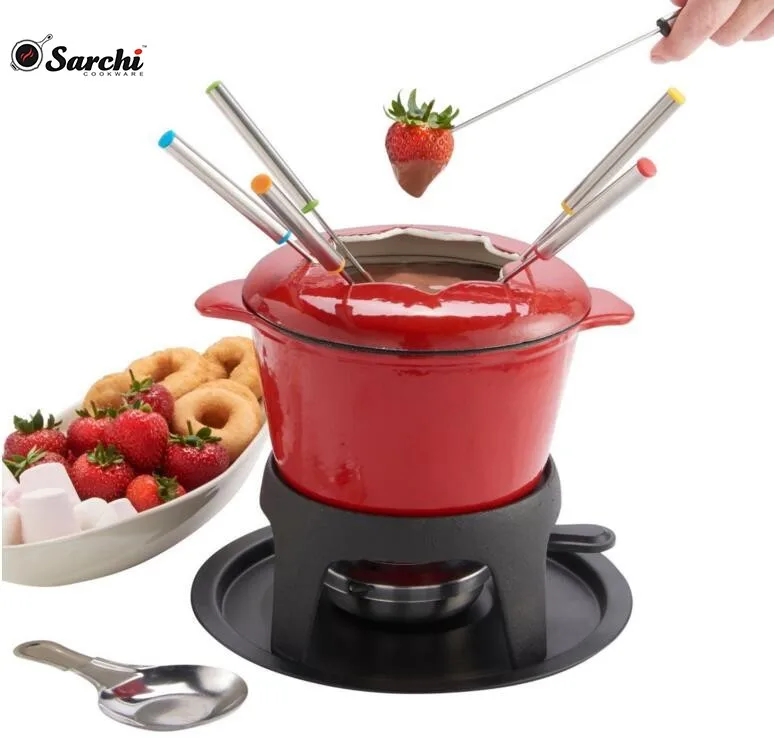 1.6-Quart Enamel Cast Iron Chocolate Fondue Set