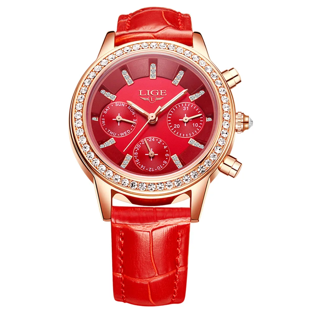 LIGE Luxury Brand Women Dress Watches Ladies Waterproof Leather Quartz Watch Woman Fashion Diamond watches