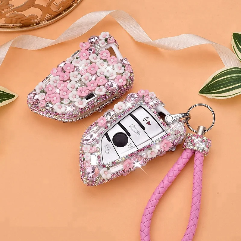 Women Ceramic carving diamonds PC Car Key Case Cover For X3 X5 X6 F15 F16 Smart key with strap