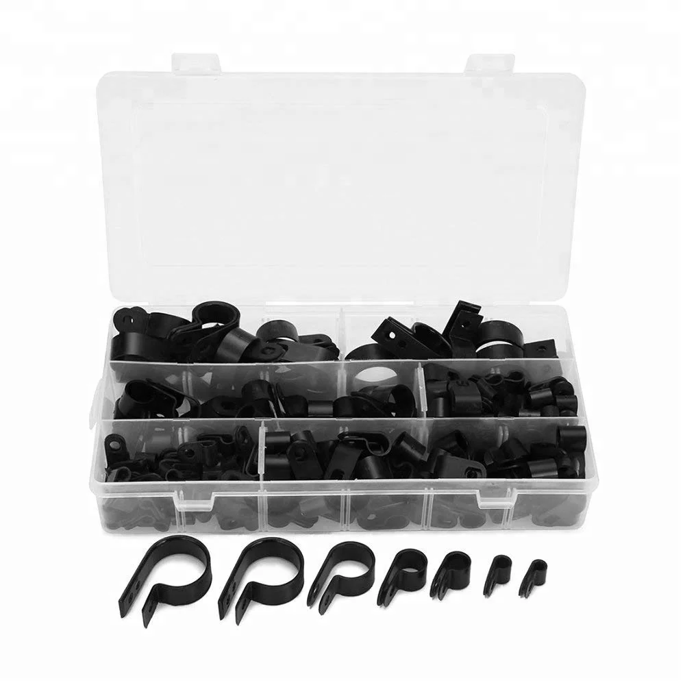 
200pcs Black Nylon Plastic P Clips Clamps Fasteners Assorted For Cable Conduit 