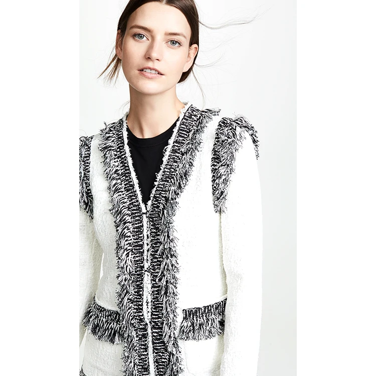 Latest winter jacket open stitch white vintage slim fit fashion tassel cutting plus size blazer jacket casual suit ladies blazer
