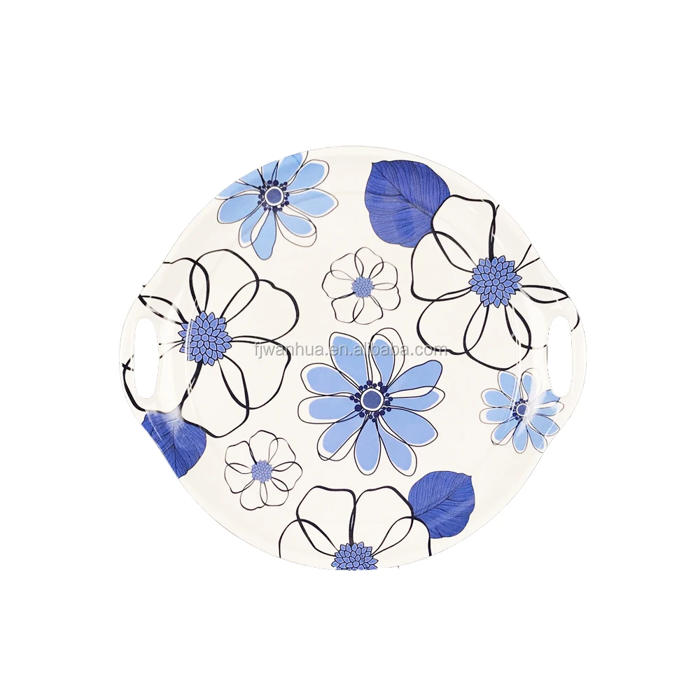 Food safe grade round melamine plate with handles for dinner use