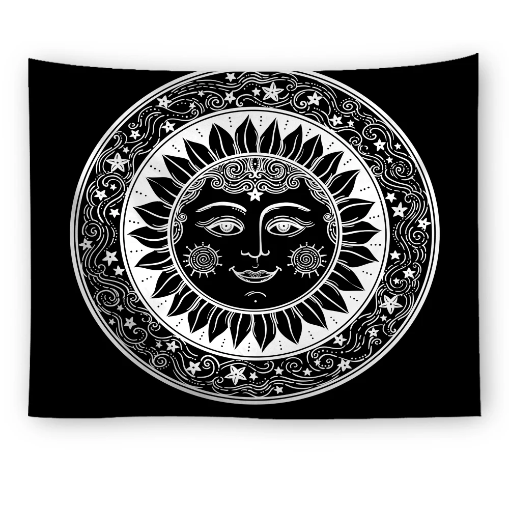 Гобелен с изображением Солнца и Луны, примитивный гобелен с изображением бога солнца, черно-белый Племенной Стиль, настенные богемные гобелены для декора общежитий и вечеринок