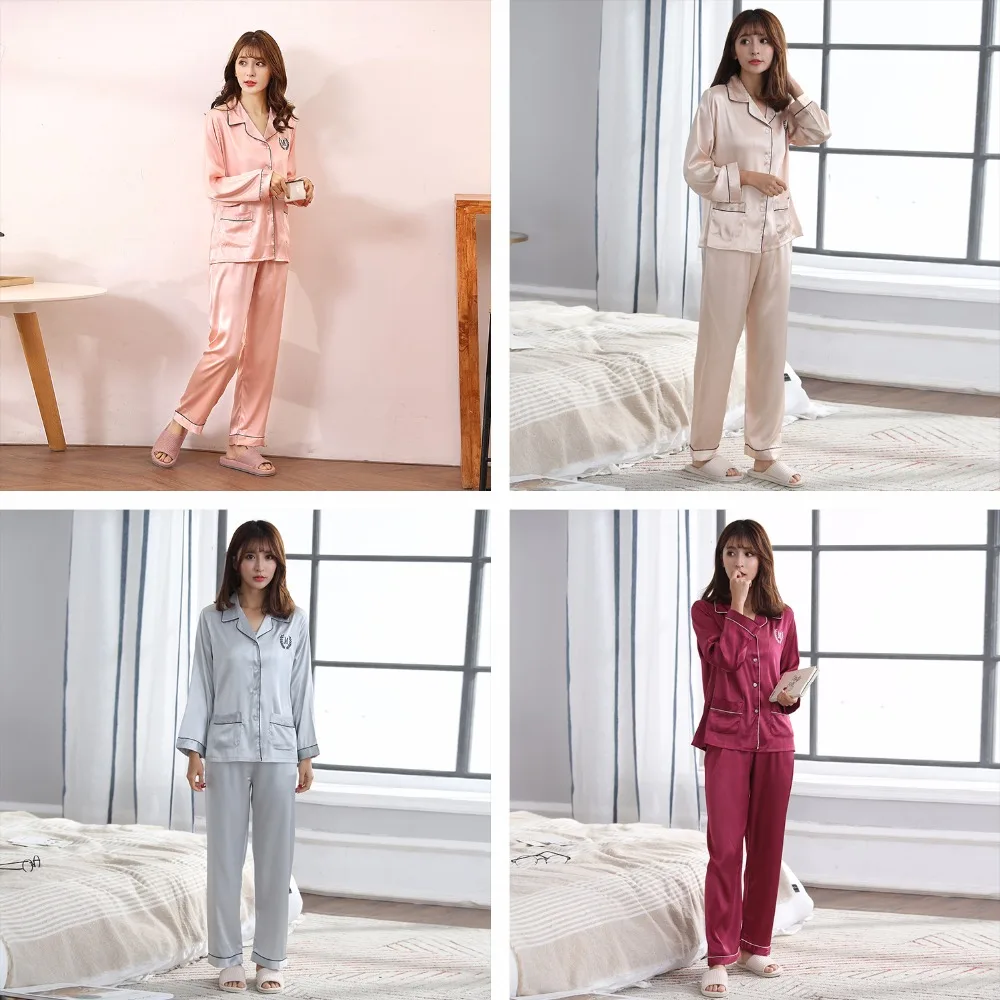 Женская пижама с вышивкой женская из сатина и шелка одежда для сна Женский комплект двух предметов дизайнерская Пижама