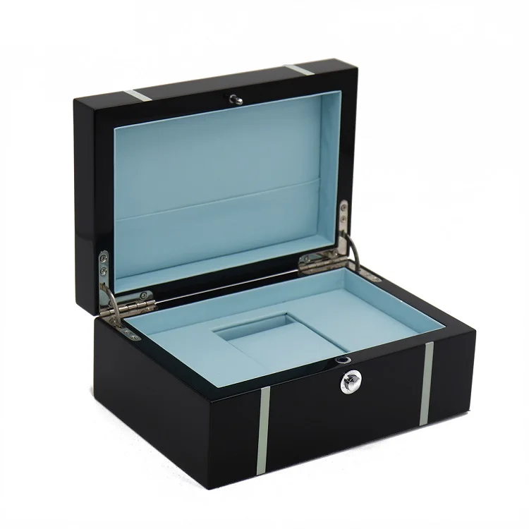 Luxury Custom High Gloss Black Lacquer MDF Wooden Watch Box for Men