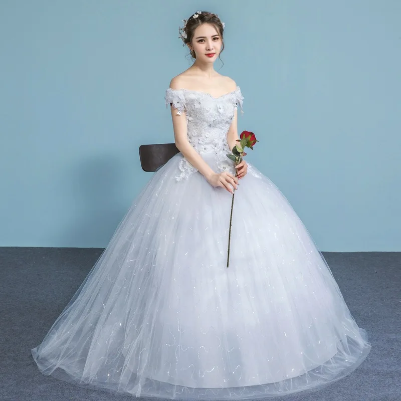 
Korean Styles Dress Off Shoulder Flowers shinny ball gown wedding dress for women 