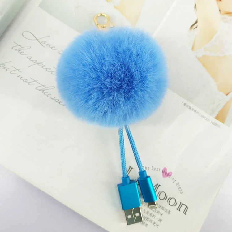 Yonze usb fluffy puff ball bag charm fur pom-poms fashion fake fur handbag usb cable charger plush keychain