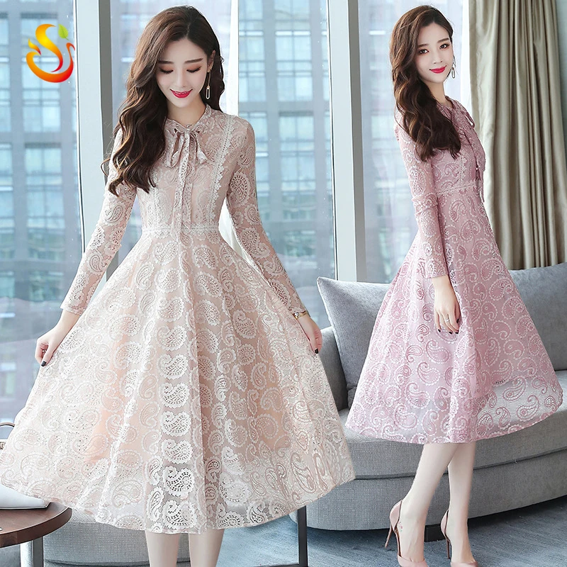 Lace hook flower openwork dress lady small fragrance in the long section autumn and winter long sleeves slim temperament skirt