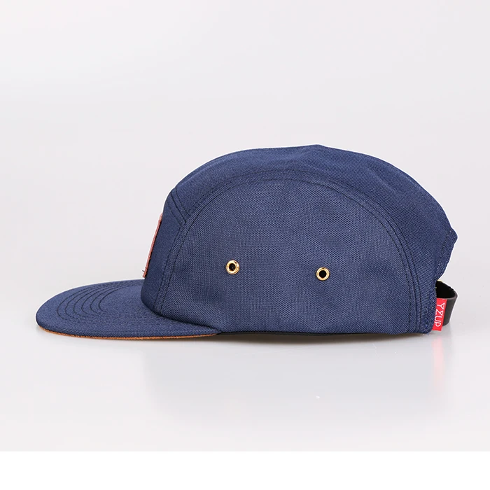 Wholesale Hats Caps Linen Design Leather Label Street Fashion Cool Flat Brim Hat 5 Panel Cap