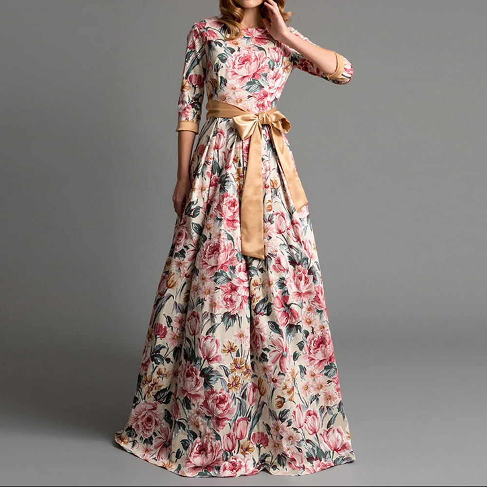 Elegant Bohemian printing long O-neck 3/4 sleeve big hem women spring summer dress