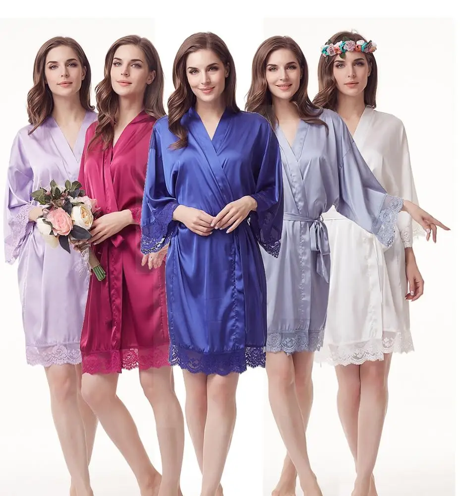 Lace trim solid colors high quality women sleepwear satin bridesmaid robe