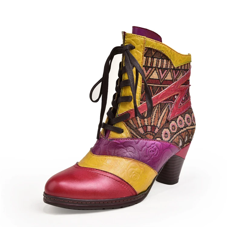 Women Retro Ankle Boot Cowhide Leather Handmade High Block Heels Lady Totem Boots Booties