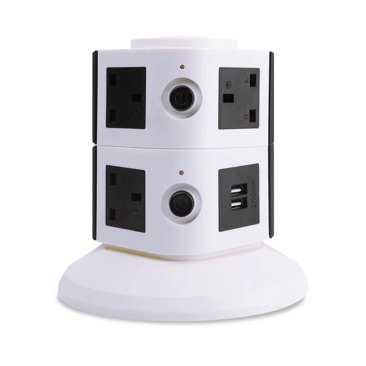 UK Type Multi Plug Tower Socket 5 Outlet 2 USB Port Power Strip Surge Protector With 13 Amp Overload Protector Individual Switch