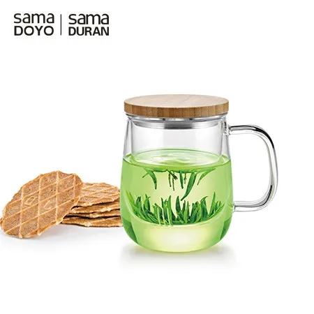 Samadoyo Clear Glass Natural Bamboo Lid Tea Cup Heat-Resisting Tea Mug Glass Infuser Tea Cups with Filter