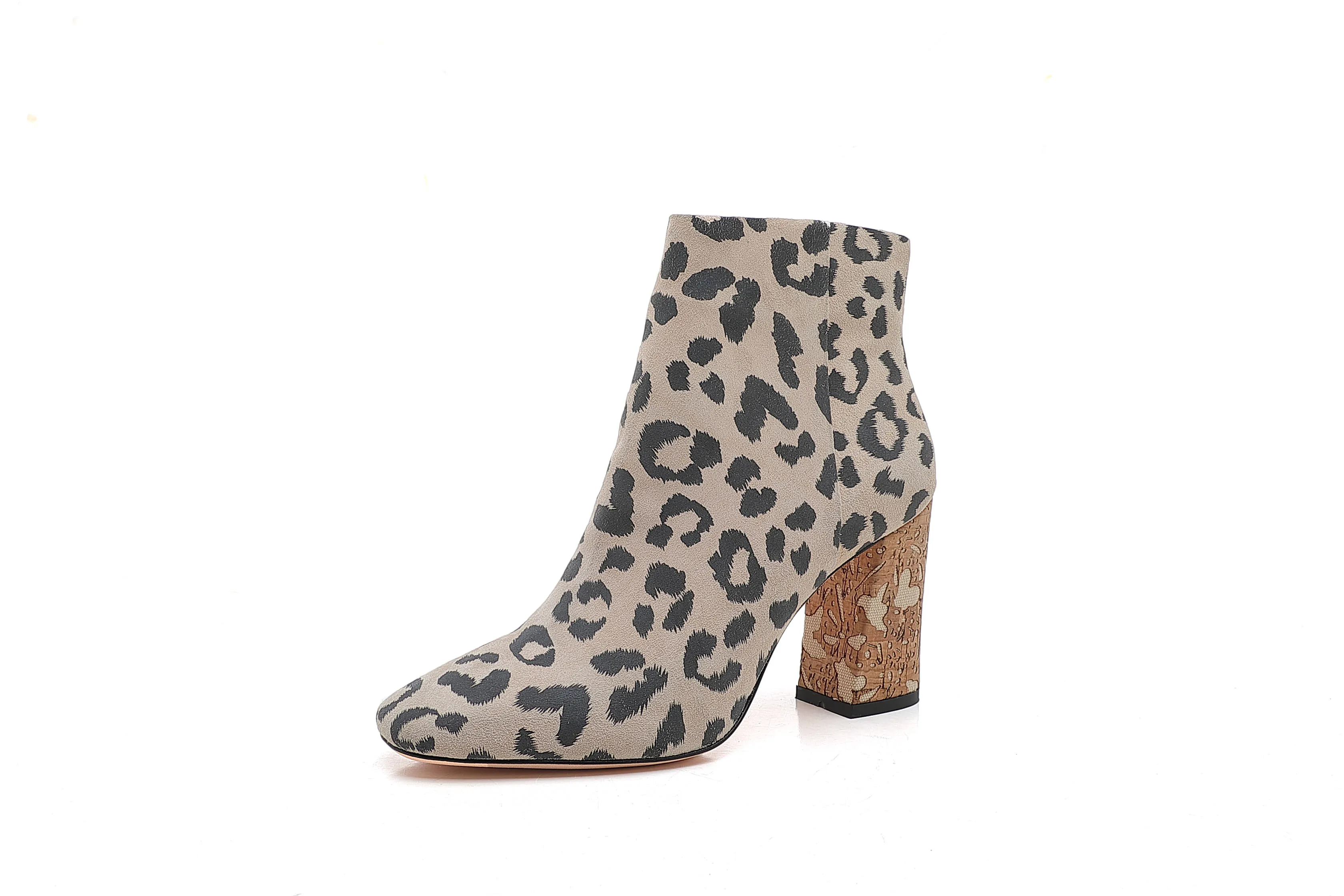 Best Price Genuine Leather Chunky Heel Leopard Print Kid Suede Ankle Boots Women