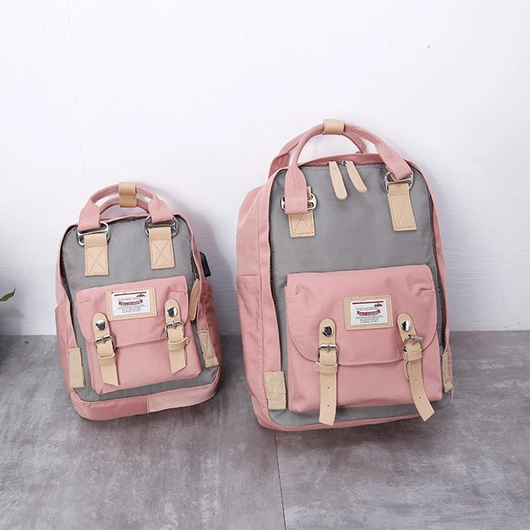 OEM Logo Japanese Korean Style Girls Backpack Pink Multi Pocket Women Bags Canvas School Bag for Girls