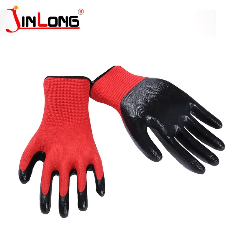 Heavy Duty Smooth Work Gloves Nitrile Coated Red Black Firm Grip Nitrile Coated Gloves