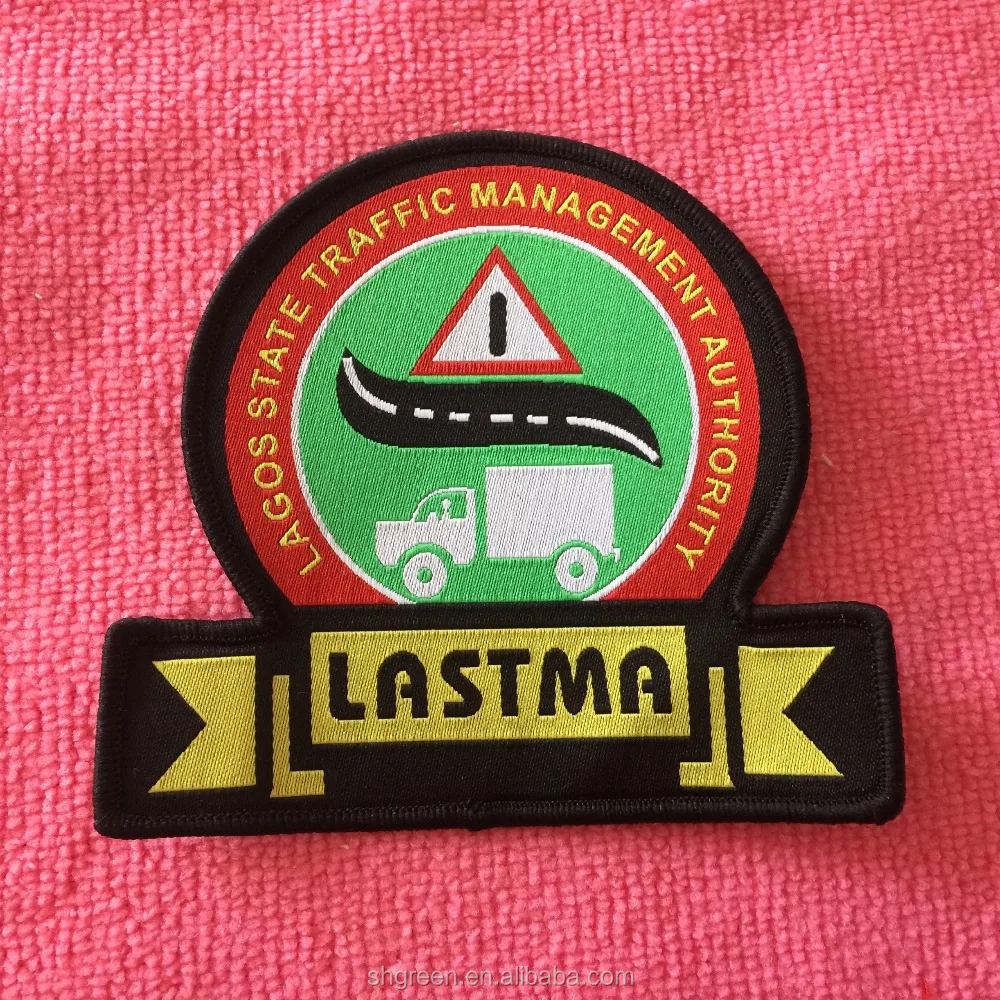 Brand logo fabric woven badge,round logo design garment woven patch with overlocked border