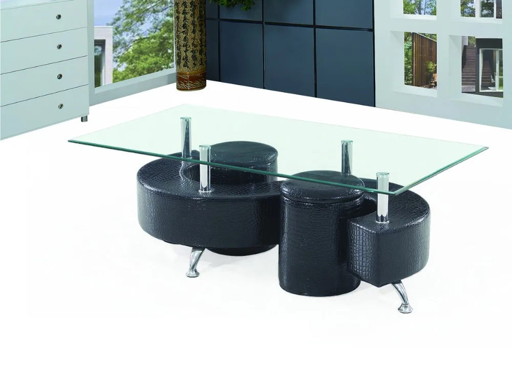 S shape cheap leather glass coffee table with stools  CT1022