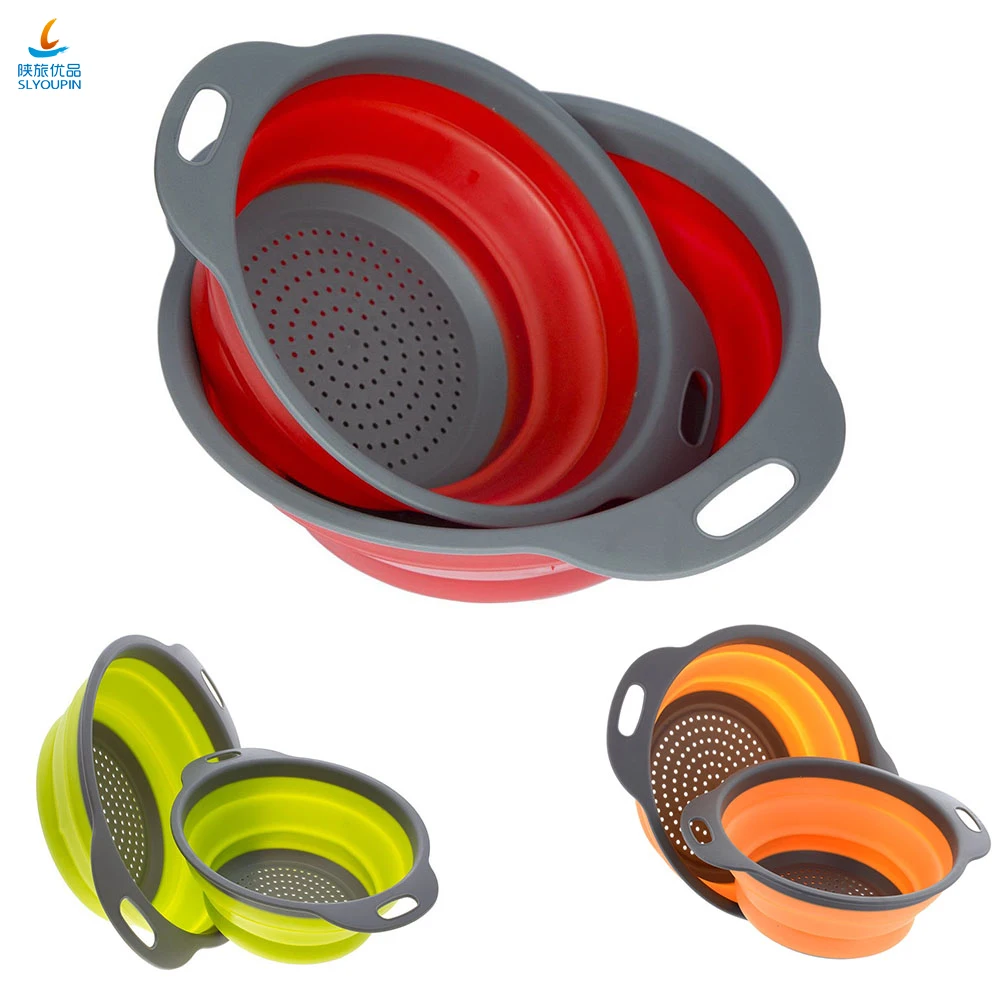 TPR Plastic Foldable Colander Sets Fruit Vegetable Washing Basket Strainer Collapsible Drainer With Handle
