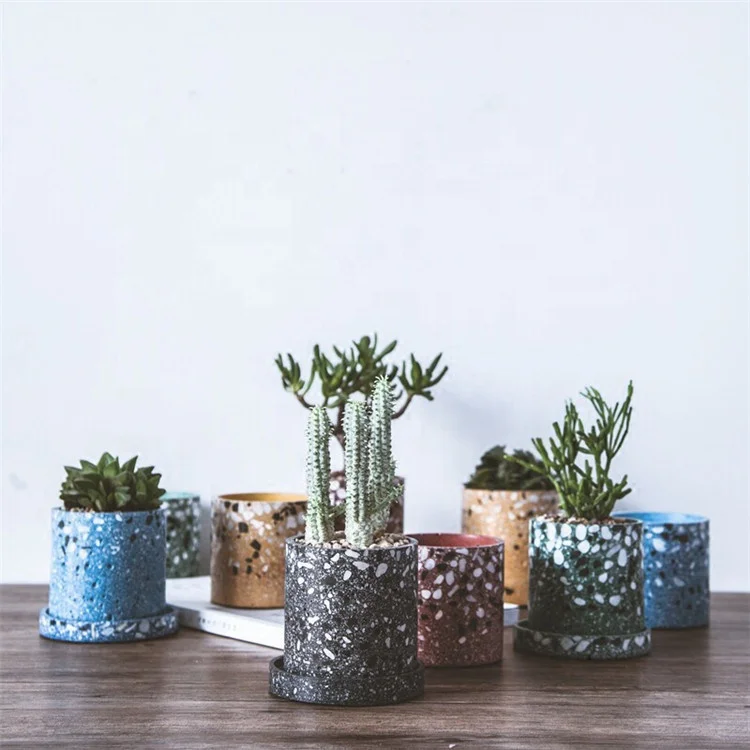 New arrival cylinder cup and saucer shape terrazzo home decor flowerpot / succulent planter pot