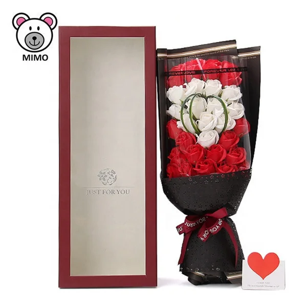 Valentine Day Gift Red Cartoon Artificial Flower Bouquet Boxes For Girls Handmade Wedding Bride Sweet Rose Soap Flower Bouquet