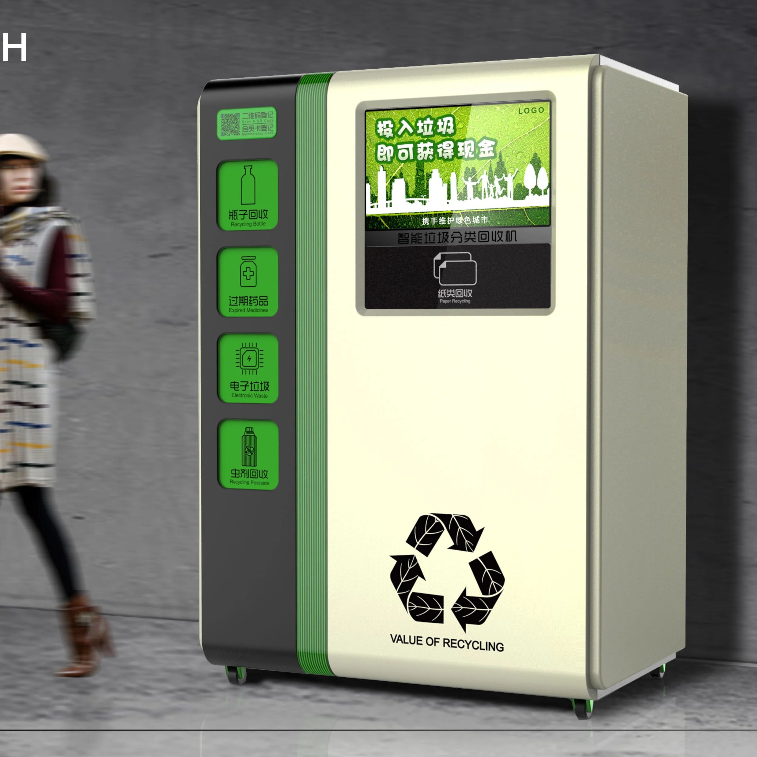 
clothing recycling vending machines and reward system with background ,camera,barcode 