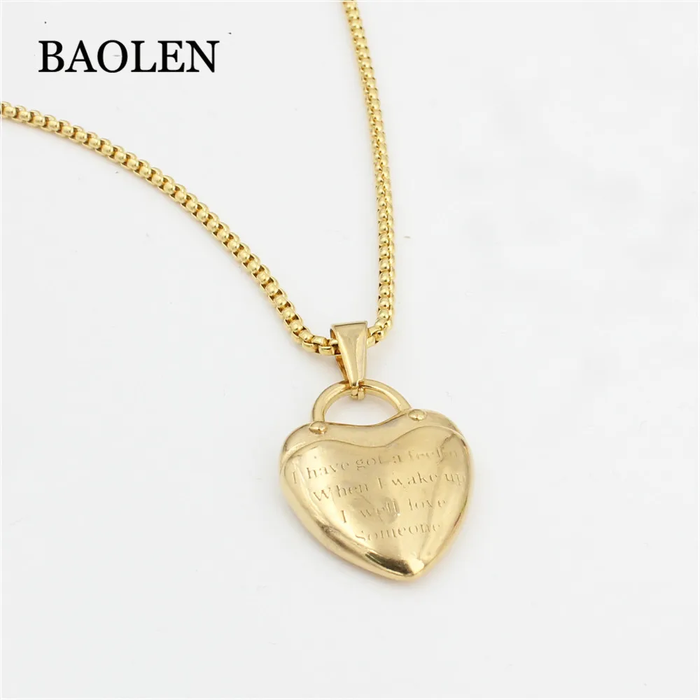 Saudi Gold Jewelry Designs 2018 Stainless Steel Dainty Engrave Word Logo Heart Lock False Two Piece Beautiful Girls Necklace