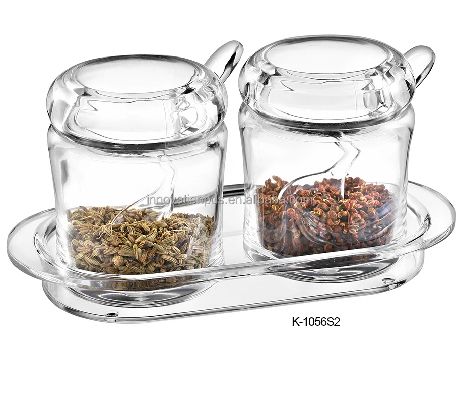 
high quality set of 2 multi-function kitchen condiment containers clear chill bottle Acrylic spice jar with spoon 
