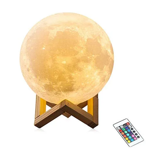 RGB Lunar Lamp, 3D Printing 16 Colors LED Moon Light with Wood Stand and Time Setting (7 inch) & Remote & Touch Control