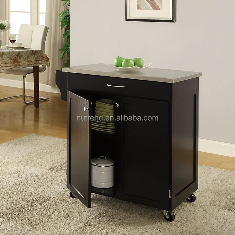 Customized Stainless Steel Top Modern Black Design Wooden Kitchen Cart with Drawer Mobile Storage Cabinet Trolley with Wheels