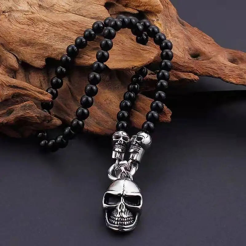YK Natural Stone Jewelry 8mm Black Onyx Beaded Stainless Steel Skull Head Necklace