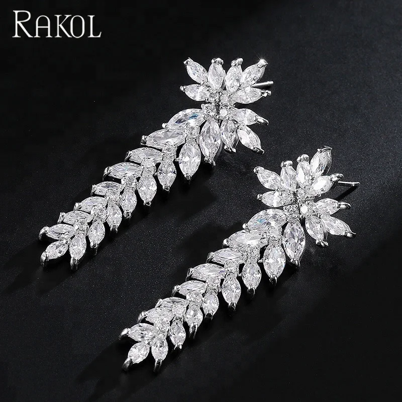 RAKOL EP002 Luxury Snowflake Earring Zircon Wedding Bridal CZ Cubic Zirconia White Gold Drop Wedding Earrings