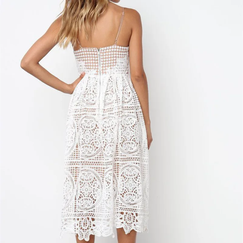 2019 European and American sexy openwork lace temperament strap dress