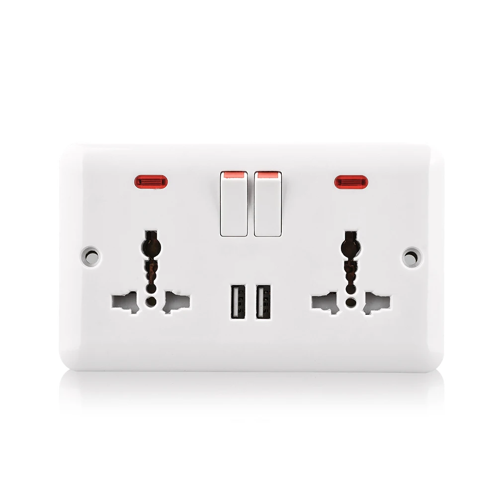 Wall multiple UK power 13amp plug socket outlet with USB port