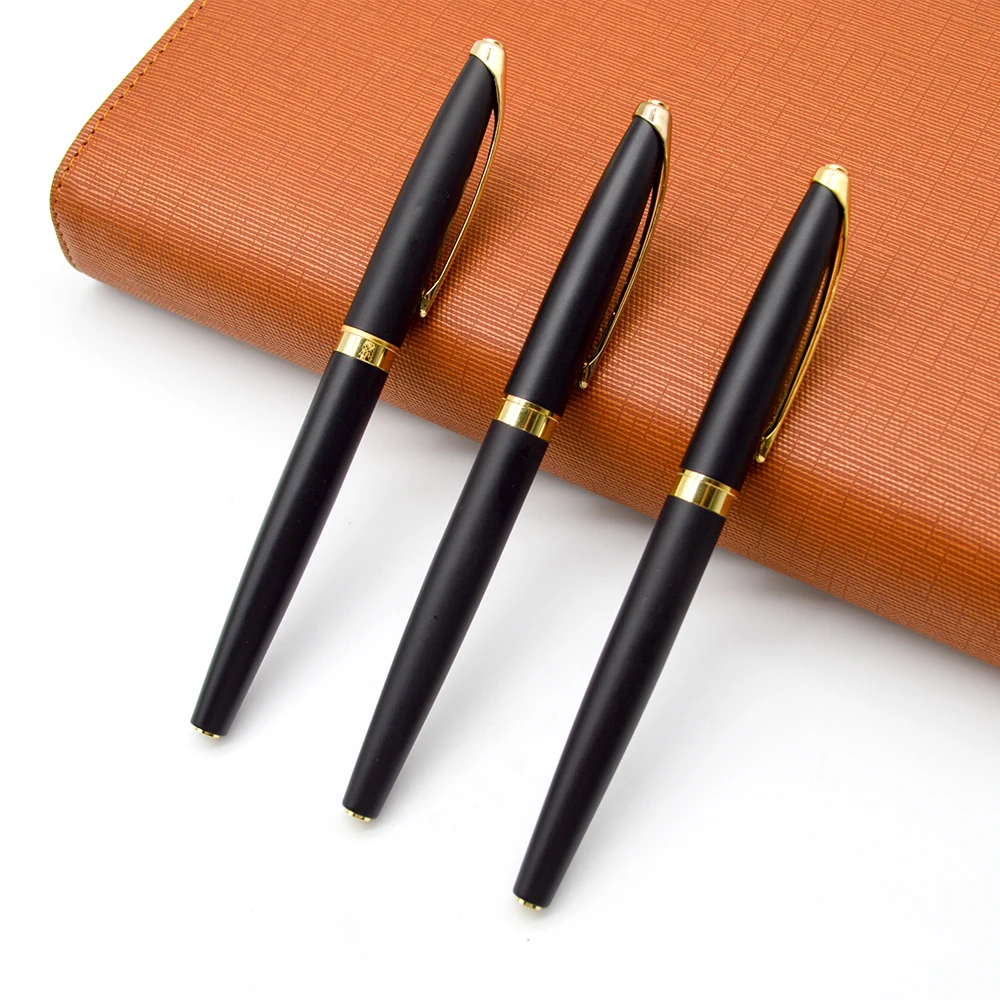 Matte black metal rollerball pen Neutral refill pen with gold clip