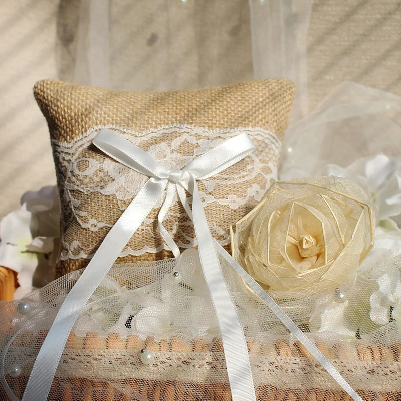 J08 Delicate Wedding Ring Pillow Khaki Linen Lace Butterfly Knotted Handmade Marriage Ring Pillow Cheap Wedding accessories
